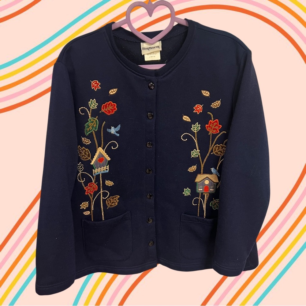 Vintage BonWorth dark blue birdhouse cardigan sweater